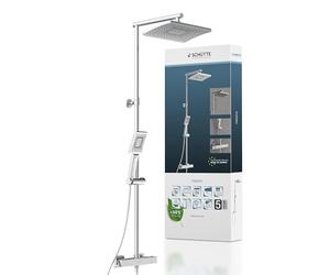 SCHÜTTE Trento 60140 Système de douche avec thermostat, grande douche à effet pluie (32 x 20 cm) et douchette réglable avec barre de douche, colonne de douche, panneau de douche, chromé