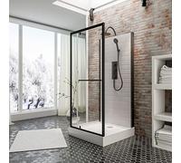Schulte cabine de douche intégrale 90 x 90 x 215 cm noir porte pivotante | receveur de douche, kit d'évacuation, colonne, douchette & panneau mural