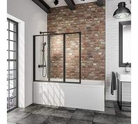 Schulte pare baignoire à coller 127 x 121 cm, noir, 3 volets (47+40+40) pivotants, fixation sans perçage, paroi de baignoire mobile réversible rabattable, verre de sécurité 3 mm transparent