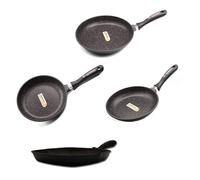 Schumann Professionnel - Lot 3 Poêles 20/24/28cm - Grill 28cm Revêtement Pierre - Compatibles Tous feux dont Induction - Fonte d'Aluminium Sans PFOA - Manches Fixes & Amovibles - Couvercles Non-Inclus