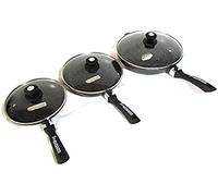 Schumann Professionnel - Lot 3 Poêles Moove Revêtement en Pierre - Compatibles Tous feux dont Induction - Fonte d'Aluminium Sans PFOA - Manches Amovibles en Silicone - Couvercles Inclus - 24/28/32cm