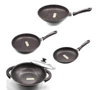 Schumann Professionnel - Lot de 3 Poêles Revêtement en Pierre 20/24/28cm - Wok 32cm - Compatibles Tous feux dont Induction - Fonte d'Aluminium Sans PFOA - Manches Fixes - Couvercle Wok Inclus