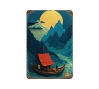 SCHUWEFA Bateau de pêche dans les terres montagneuses Décoration murale Art Métal Poster Moderne Bar Décorations 30 x 20 cm