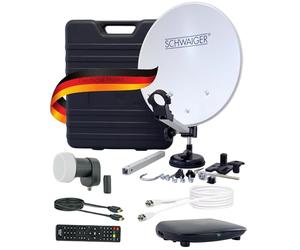 SCHWAIGER 9604 Installation Satellite de Camping Kit Complet numérique Parabole Sat Mallette Sat y Compris LNB Simple Récepteur Satellite Câble Satellite HD 10m Antenne Satellite Acier 35 x 38cm