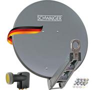 SCHWAIGER Kit complet de parabole parabolique - Ø 80 cm - Antenne offset en aluminium anthracite - Avec Quad LNB 4 voies et double bras de support LNB - Réception numérique HD & 4K - Guide de câbles