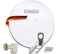 SCHWAIGER Kit complet de parabole satellite - Ø 80 cm - Antenne offset en aluminium gris clair - Avec Quad LNB 4 voies et LNB double bras de support - Réception numérique HD et 4K - Guide-câble