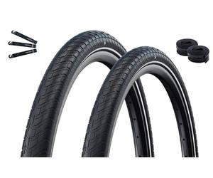Schwalbe Lot de 2 pneus de vélo Motion Big Apple, RaceGuard Addix, verts, E-25, noir Reflex 50-254 (14 x 2,00) + 2 chambres à air Schwalbe AV2A avec démonte-pneu maxxi4you