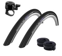 Schwalbe Lugano 28" Pneu de vélo de route 28" K-Guard Couverture en noir 700 x 33C (32-622) + 2 chambres à air Schwalbe SV17 avec sonnette de vélo