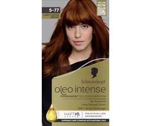 Schwarzkopf Oleo Intense Coloration permanente à l'huile 5-77 Teinture pour cheveux châtain clair cuivré, couverture 100% des gris, après-shampooing avec système HaptIQ, couleur longue durée, sans am