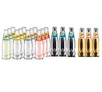 Schweppes Lot de 18 pots de 200 ml en verre gazeuse (mélange de 6 variétés de 3 bouteilles), citron amer, tonic indien, Dry Tonic, au gingembre, à la baie, au gibier sauvage, à la pêche blanche, etc