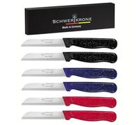 Schwertkrone® Lot de 6 couteaux éplucheurs [FABRIQUÉ À SOLINGEN - ALLEMAGNE] - Couteau à légumes, couteau à fruits - Couteau de cuisine long, dents aiguisées - Couteau à éplucher les pommes de terre