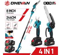 Scie à chaîne électrique télescopique sans balais ONEVAN 4 en 1, 8 pouces, cisaille pour branches hautes, outil de jardinage pour batterie Makita 18V 2 Battery Set
