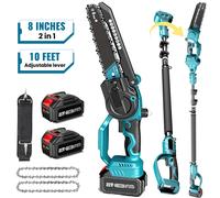 Scie à chaîne sans fil 2-en-1 et mini-tronçonneuse, guide de 8 pouces, 800W sans balais, extensible jusqu'à 3 mètres pour l'élagage des arbres 2 batteries