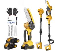 Scie à perche et mini-tronçonneuse sans fil 2-en-1 à hauteur réglable, scie à chaîne électrique sans balais de 6 pouces avec 2 batteries, portée maximale de 1,77 m pour l'élagage des arbres Jaune