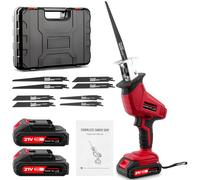 Scie alternative à bois électrique rouge, 0 à 4 000 tr/min, scie alternative à vitesse variable avec 8 lames, scie à bois électrique sans fil 21 V, pour couper le métal et le PVC avec 2 batteries