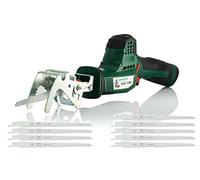 Scie d'élagage sans fil (batterie 10,8 V 2,0 Ah, longueur coupe 80mm course 20mm, mandrin à serrage rapide, réglage de la vitesse levage variable, batterie incluse chargeur 10 lames pour bois)