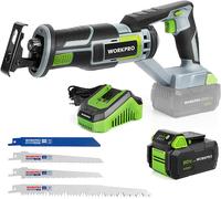 Scie Sabre sans Fil 20V WORKPRO, Scie Sabre a Batterie 4,0Ah, Scie Alternative sans Fil avec 4 Lames de Scie, Ideal pour Couper Bois, Metal et PVC, Batterie et Chargeur Inclus