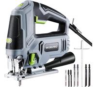 Scie Sauteuse Electrique Filaire 850W avec 6 Vitesses Variables WORKPRO, Changement de Lame sans Outil, Coupe en Biseau a±45°, Lampe LED et 7 Lames en T, 3000 SPM, 4 Reglages Orbitaux, Regle Graduee