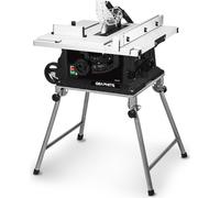 Scie sur table GRAPHITE S1 1600W, S6 20% 2000W, lame 254/30 mm, vitesse de rotation 4800 tr/min, plage de coupe en chanfrein 0÷45 degrés, profondeur de coupe 80/55 mm (0 degré/45 degrés), roues de tra