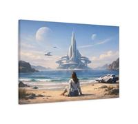 Science Fiction Ocean Beach Futuristic City - Canvas Wall Art Print 30×20 inch (75×50 cm) - Horizontal / 1.25 inch (3 cm)