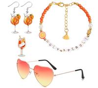 Scinzene Aperol Coffret cadeau pour femme - Lot de 4 accessoires avec bracelet, boucles d'oreilles, badges décoratifs et lunettes - Cadeaux élégants pour la décoration d'apéro, fête d'anniversaire