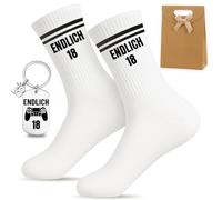 Scinzene Cadeaux pour garçons de 18 ans - Enfin 18 chaussettes 38-45 avec porte-clés, chaussettes 18e anniversaire garçon, 18 ans garçon, cadeau pour 18 ans, chaussettes de tennis, chaussettes de
