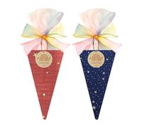 Scinzene Lot de 2 cornets d'écolier pour fille et garçon - Petit sac d'école, sacs d'école, sacs à sucre en gaze avec pendentif en bois pour enfant 2026, motif étoiles bleues et rouges, boîte cadeau