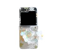 SCJLSDA Coque transparente pour Samsung Galaxy Z Flip 6, motif floral 3D pour femmes, coque imprimée exquise avec support de fleurs et bracelet de perles (fleurs blanches)