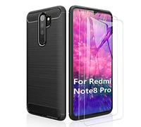 SCL Coque Compatible avec Xiaomi Redmi Note 8 Pro avec 2 Verre Trempé Redmi Note 8 Pro Coque Protection écran Texture en Fibre de Carbone Brossée Technologie Anti-Rayures et D'absorption de Chocs