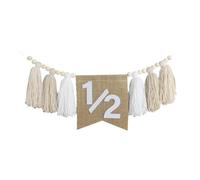 Sclmgo Bannière Demi-Anniversaire Décoration Murale Fanion en Corde de Coton avec Glands et Perles en Bois Réutilisable Appropriée pour Chaise Haute Toile de, Blanc