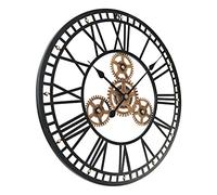SCOAGE 24 inch Large Analog Wall Clock Battery Operated Mid Century Modern Gold Gears Roman Numerals Vintage Black Metal Clocks Silent Oversized Clock Kitchen Living Room Dining Room Fireplace Decor