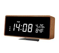 SCOAGE Réveil numérique en bois pour chambre à coucher, table de chevet avec calendrier et température, horloges de table LED à brancher avec grands chiffres, 3 niveaux de luminosité à intensité