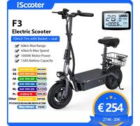 Scooter électrique haute puissance iScooter F3 48V 1000W, vitesse 45 km/h, pneus de 10 pouces, siège et panier pour adultes F3