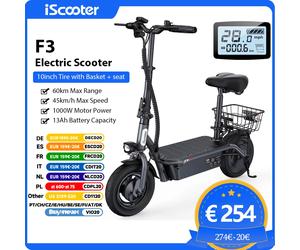 Scooter électrique haute puissance iScooter F3 48V 1000W, vitesse 45 km/h, pneus de 10 pouces, siège et panier pour adultes F3