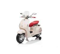 Scooter électrique Porteur Vespa 946 avec Marche arrière, Blanc, Autorisé, Roues auxiliaires, Batterie au Lithium, 2X Moteurs 30W, Siège en Cuir, Lecteur MP3 avec entrée USB