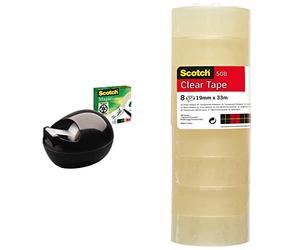 Scotch - BP622 - Dévidoir + 1 rouleau - 19 mm x 7,5 m - Noir & Ruban Adhésif Transparent 508 - 8 Rouleaux - 19mm x 33m - Ruban Adhésif Transparent à Usage Général pour l'Ecole, la Maison et le Bureau