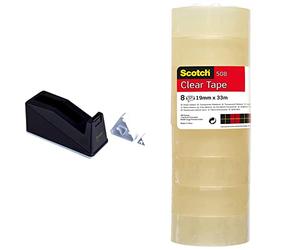 Scotch C10 Dévidoir lourd double bague pour rubans courant de 66 m & Ruban Adhésif 508, Transparent, 19 mm X 33 m, Lot de 8