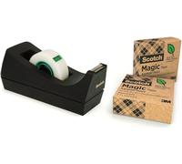 Scotch C38 + Scotch Magic 900 Greener Choice Distributeur avec ruban de bureau (3 rouleaux) de bureau 19 mm x 33 m dévidoir noir