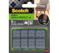 Scotch Patins Glisseurs Move & Protect, Adhésifs, 8 Pièces, 24 mm x 24 mm, Gris - Patins Glisseurs pour Tapis et Meubles, Réutilisables et Robustes, Protection et Réduction du Bruit, 100kg