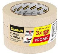 Scotch Ruban de Masquage Classic Premium, Promo Pack de 3 Rouleaux, 24 mm x 50m - Pour Peinture et Décoration Intérieure