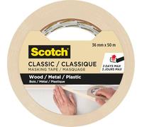 Scotch Ruban de Masquage de Peinture Classic, 36 mm x 50 m, Ruban de Masquage Beige pour Travaux de Peinture et de Rénovation