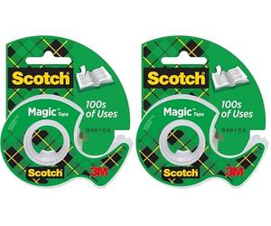Scotch Ruban Magic - 1 Rouleau 19 mm x 15 m + Dévidoir Manuel - Ruban Adhésif à Usage Général pour la Réparation, l'Etiquetage et la Fermeture de Documents (Lot de 2)