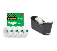 Scotch Ruban Magic - 4 Rouleaux, 19 mm x 33 m - Ruban Adhésif à Usage Général pour la Réparation & Devidoir C18 noir avec 1 rouleau de ruban adhésif Magic 19 x 33 cm