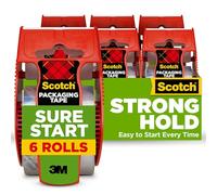 Scotch Sure Start Ruban adhésif d'emballage d'expédition 4,8 cm x 22,2 m, conçu pour l'emballage, l'expédition et l'expédition, déroulement silencieux, pas de fissure ou de déchirure, noyau de 3,8 cm, transparent, 6 rouleaux distribués (145-6)