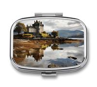 Scotland Castle Water Lake Boîte à pilules écossaise à 2 compartiments - Pilulier portable pour poche ou sac à main - Organiseur décoratif en métal pour médicaments et vitamines