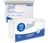 Scott Control 6663 Essuie-Mains en Papier 3 Épaisseurs, Pliés en V, Blancs - Ultra-Doux, Résistants et Absorbants, Certifiés FSC & Écolabel, pour Hygiène Professionnelle - 15 Paquets x 212 Feuilles (3 180 au Total)