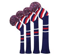 Scott Edward Lot de 4 housses de tête de golf à pompons, bleu, rouge, blanc, couleurs emblématiques uniques, 1 couvre-club de parcours, 2 couvre-clubs hybrides, 1 superbe dans tous les joueurs