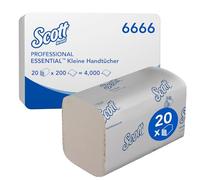 Scott Essential 6666 - Essuie-mains petit format pliés 2 épaisseurs - 20 paquets x 200 essuie-mains jetables, embossés, en papier blanc (4 000 au total)