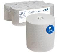 Scott Essential Essuie-mains roulés 6691, Essuie-mains roulés en papier blanc, Hautement Absorbants, Certifiés Contact Alimentaire, 6 x rouleaux de 350 m (2 100m au total)