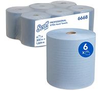 Scott® Essuie-Mains en Papier Roulés 6668 - Bleu 1 Épaisseur pour Séchage Hygiénique, Haute Capacité avec Technologie Airflex, Certifiés Contact Alimentaire, 6 Rouleaux x 304 m (1 824 m au Total)